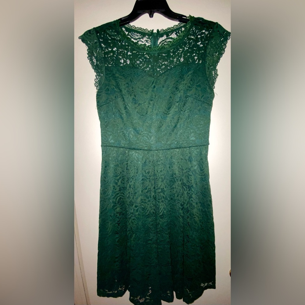 NWOT, dark green floral lace a-line dress.